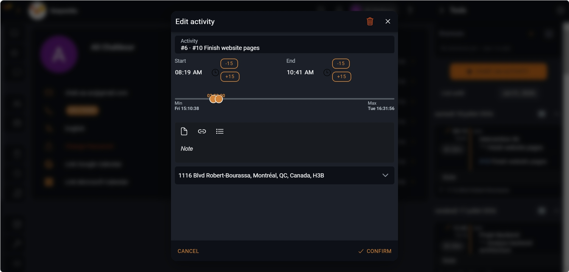 Screenshot of editing an activity's logged hours in Sequentia, with adjustments to durations and recorded periods.