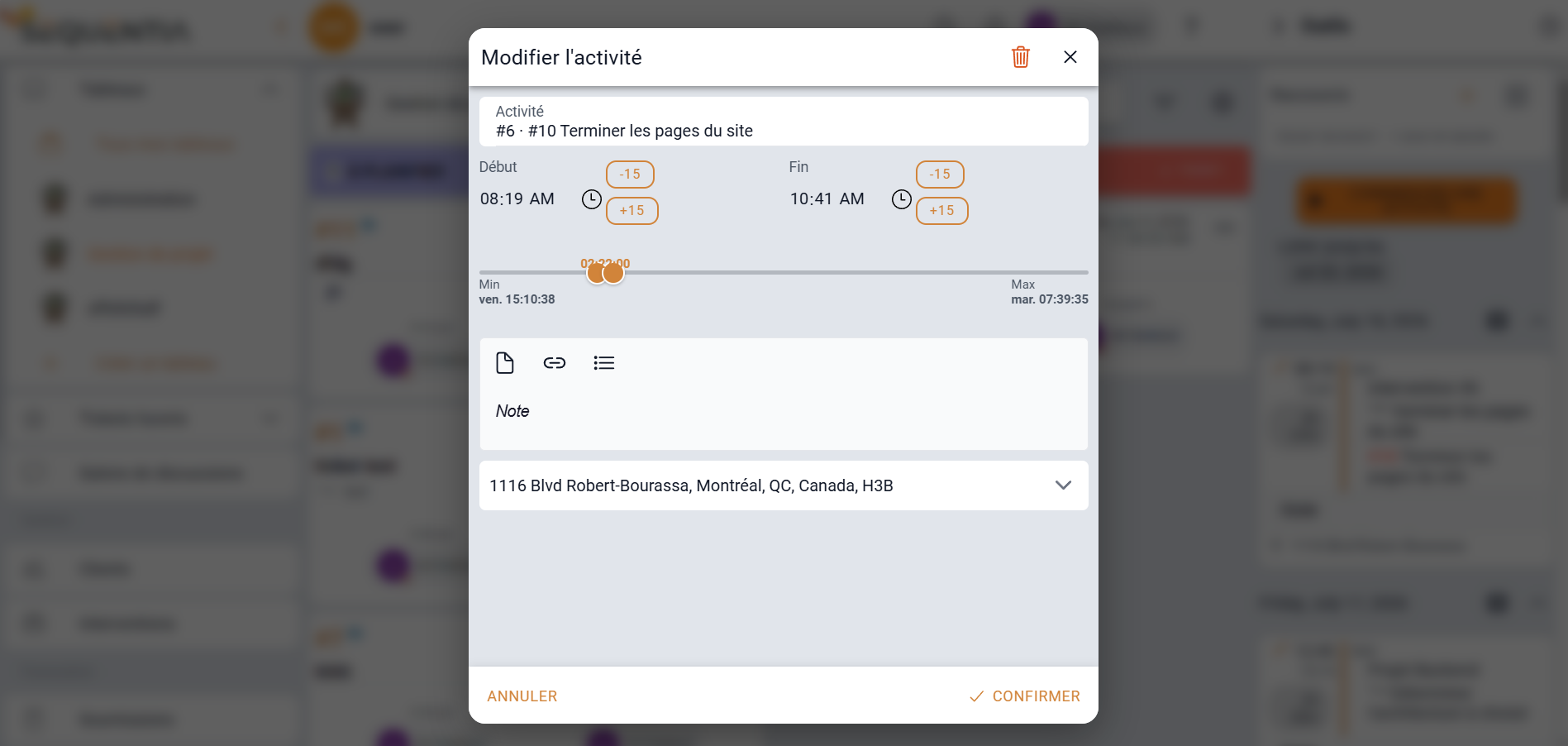 Capture de la modification des heures d'une activité dans Sequentia, avec ajustement des durées et des périodes enregistrées.