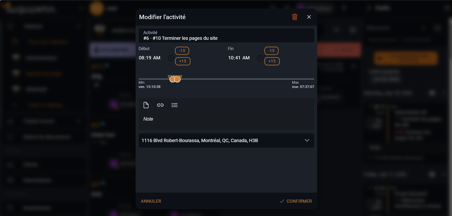 Capture de la modification des heures d'une activité dans Sequentia, avec ajustement des durées et des périodes enregistrées.