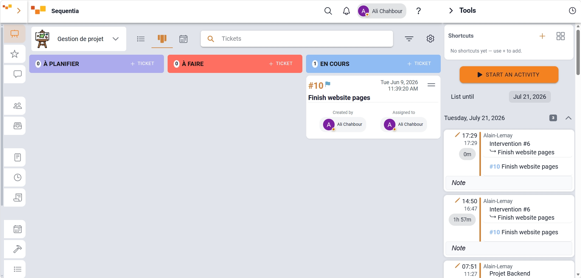 Screenshot of Sequentia time tracking with an activity entry, start and end times, breaks, and notes.