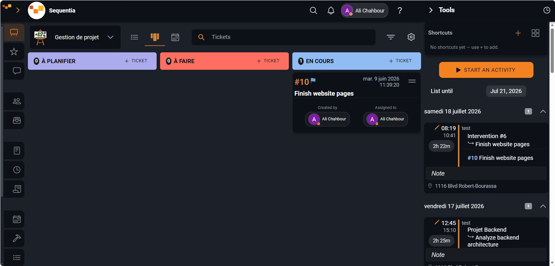 Screenshot of Sequentia time tracking with an activity entry, start and end times, breaks, and notes.