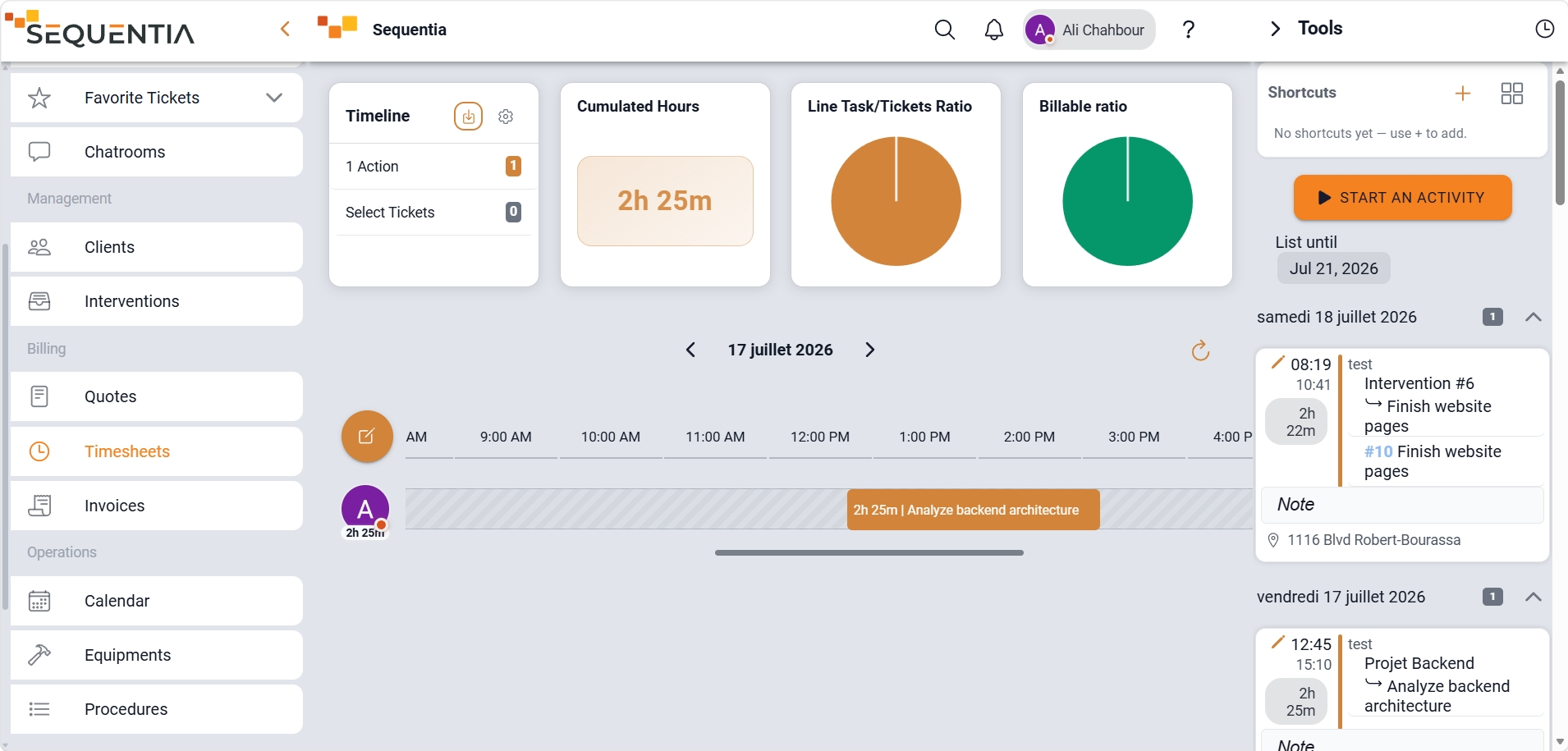 Screenshot of the Sequentia time tracking view showing in-progress activities and hours tied to the record.