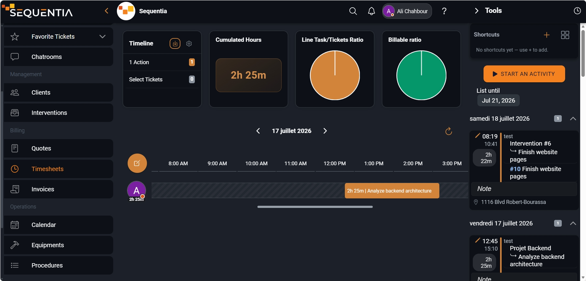 Screenshot of the Sequentia time tracking view showing in-progress activities and hours tied to the record.
