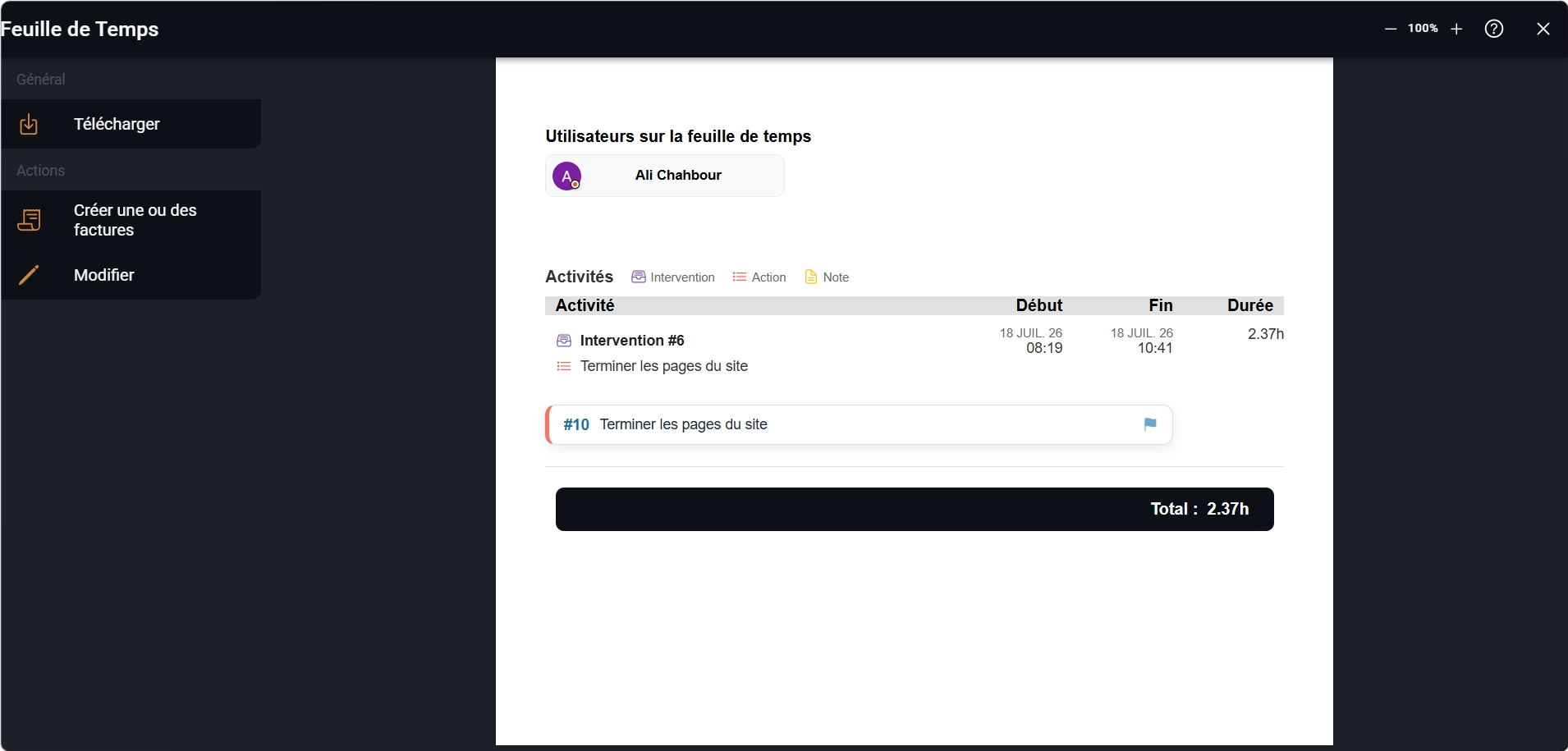 Capture d'une feuille de temps Sequentia regroupant les entrées par période avec totaux et détails par journée.
