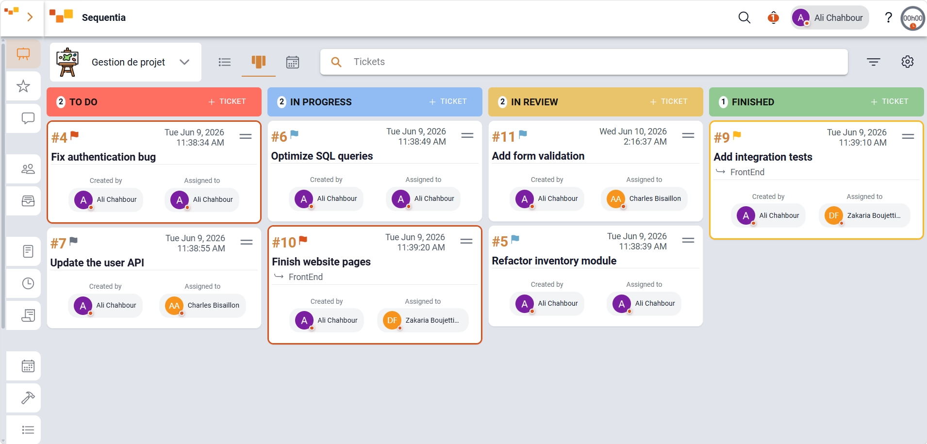 Screenshot of Sequentia work tracking with boards, statuses, workload, and live progress.