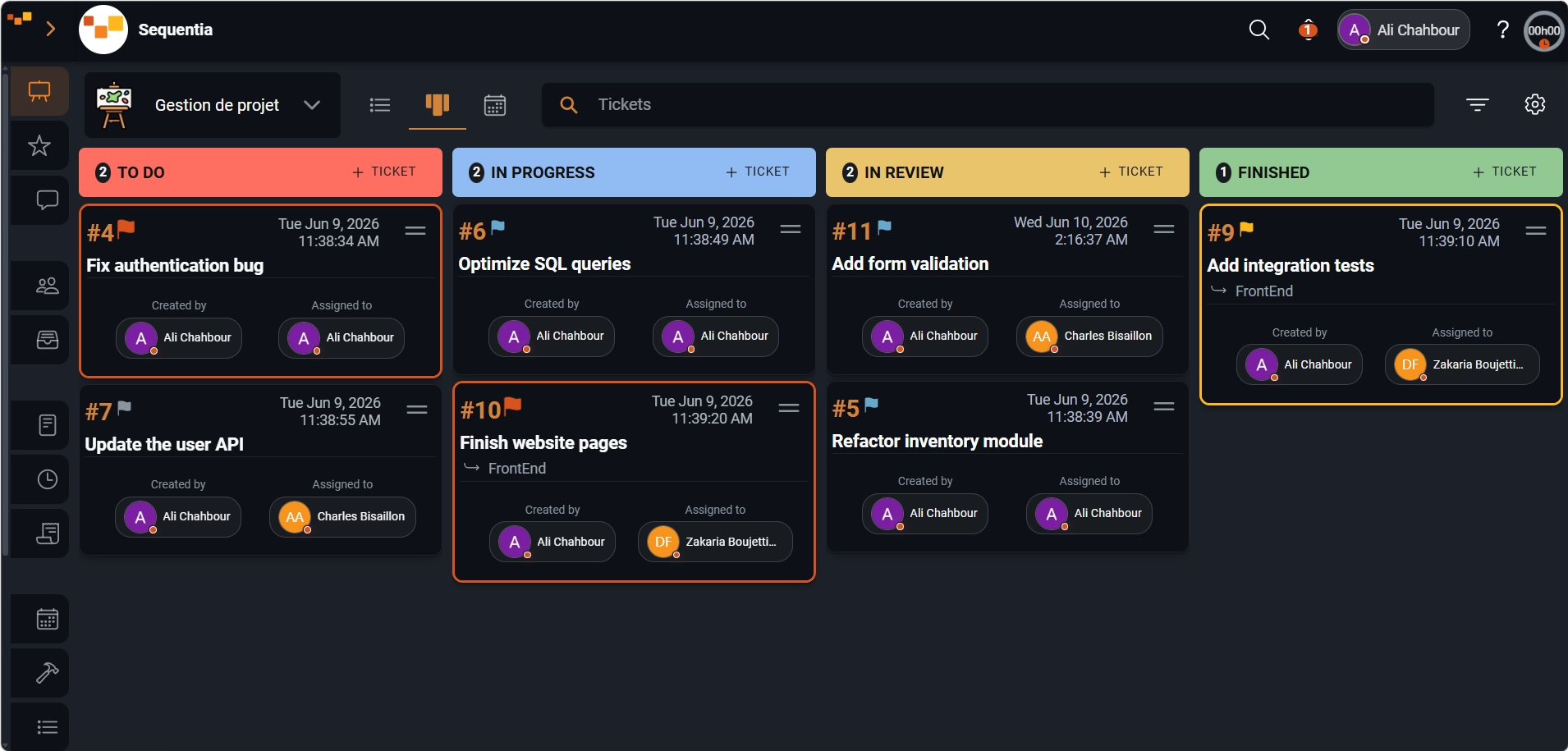 Screenshot of Sequentia work tracking with boards, statuses, workload, and live progress.